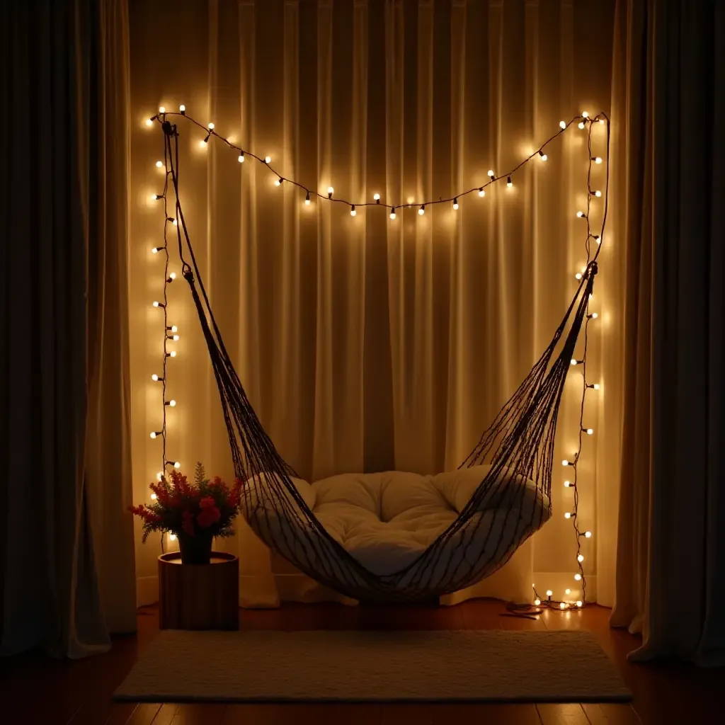 a photo of a reading nook featuring a hammock chair and fairy lights