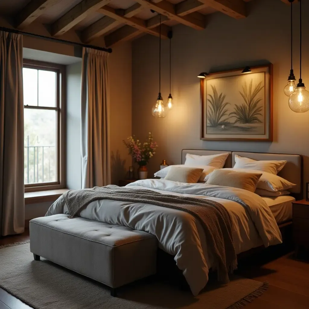 a photo of a cozy bedroom featuring vintage pendant lights