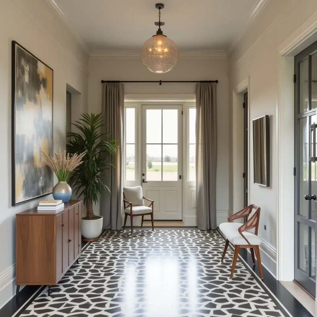 a photo of a chic entrance hall with geometric patterns and contemporary art