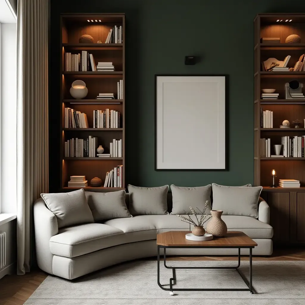 a photo of a library nook with mirrored accent furniture