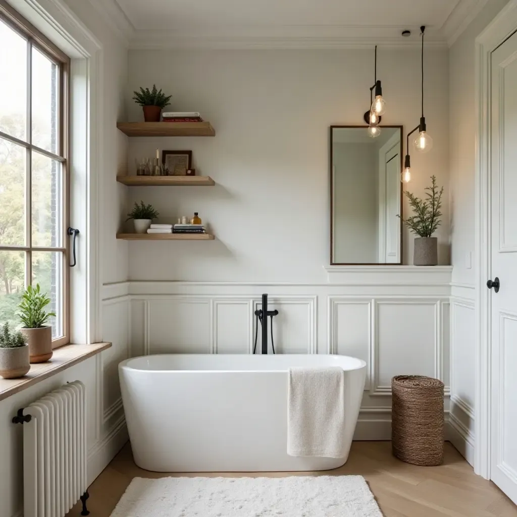 a photo of a cozy bathroom with vintage wooden shelves and modern decor