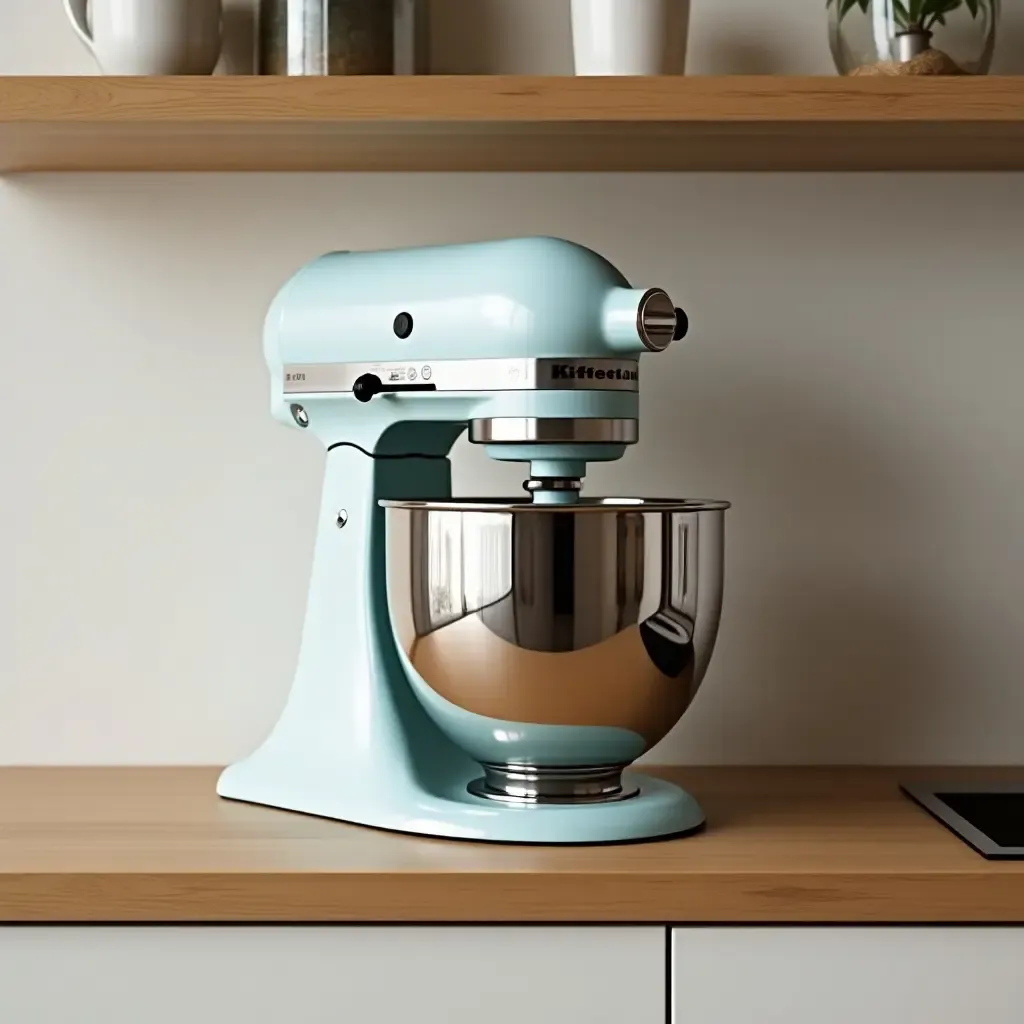 a photo of a classic mixer on a modern kitchen shelf