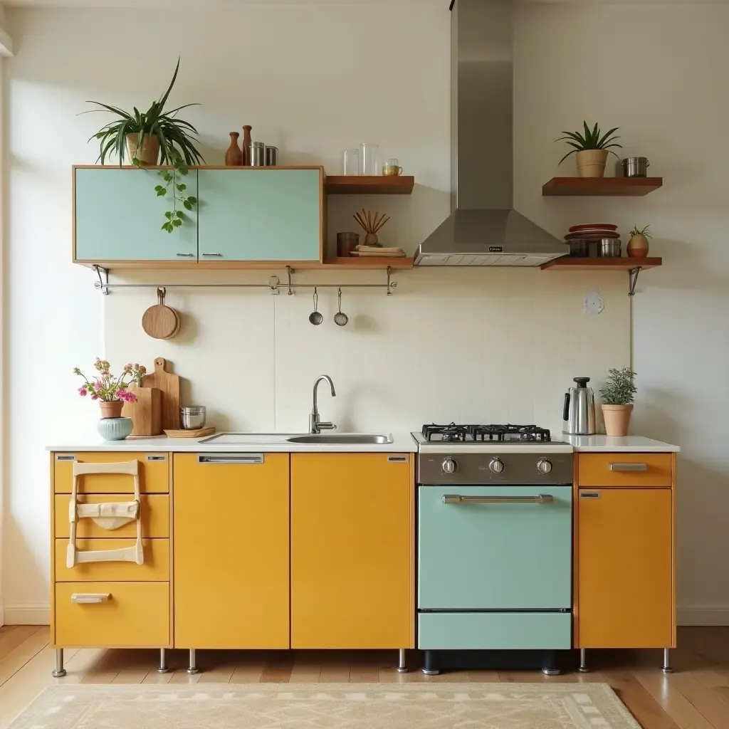 a photo of a retro-style kitchenette with vintage appliances