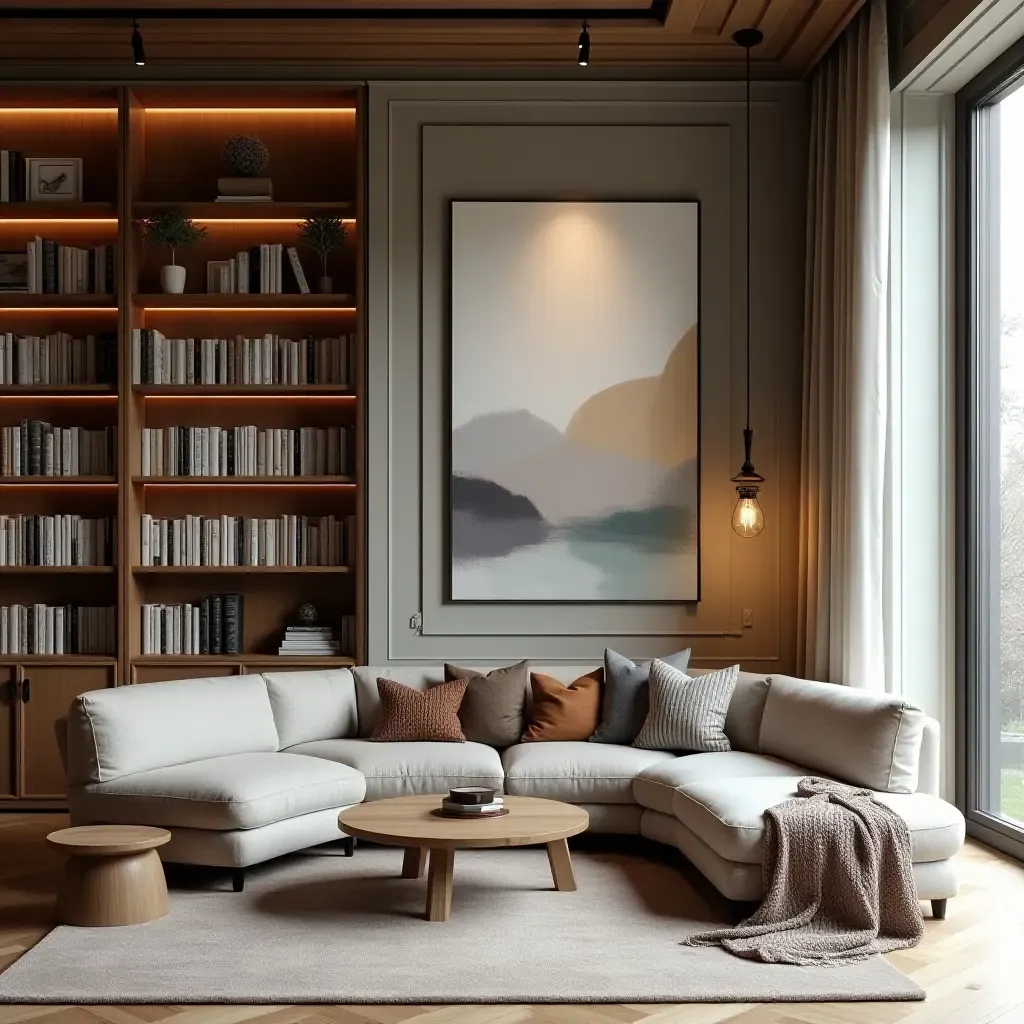 a photo of a library featuring cozy seating and Scandinavian-inspired artwork