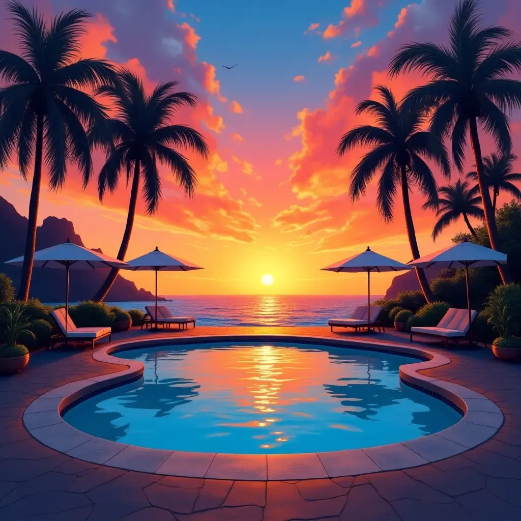 a photo of a vibrant sunset painting near the pool area