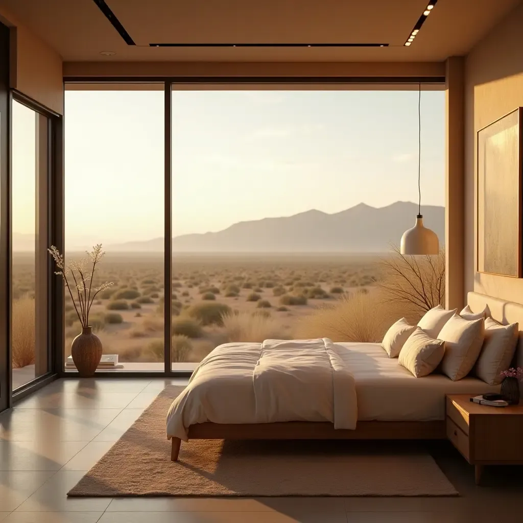 a photo of a spacious bedroom with large windows showcasing desert views and warm hues