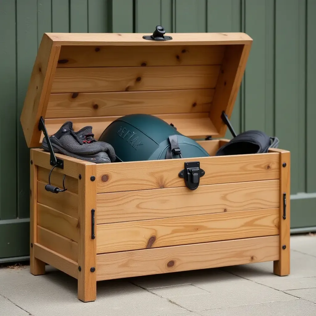 a photo of a wooden storage box for outdoor gear