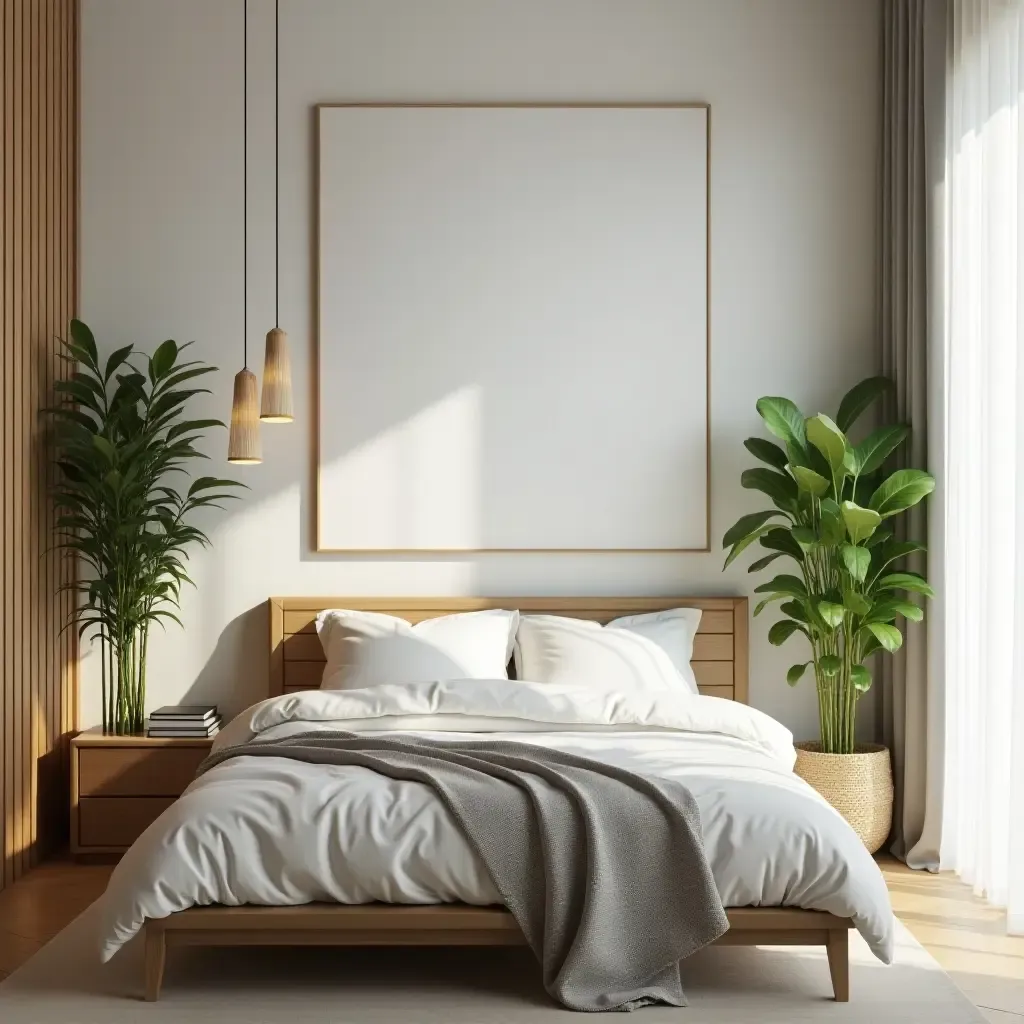 a photo of a serene bedroom with bamboo plants