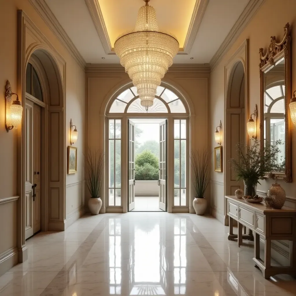 a photo of a luxurious entrance hall with a crystal chandelier