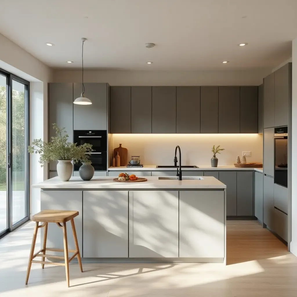 a photo of a contemporary kitchen with sleek cabinetry and open spaces