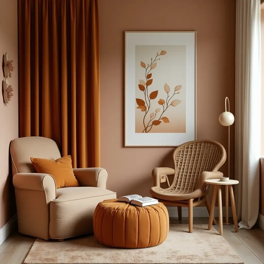 a photo of a reading nook with a stylish pouf and a warm color scheme