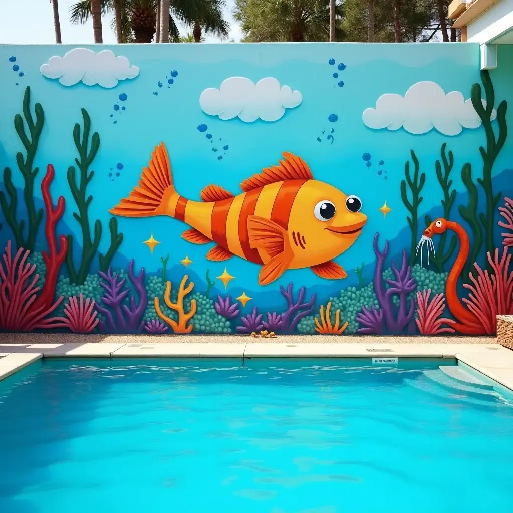 a photo of a fun underwater creature mural by the pool