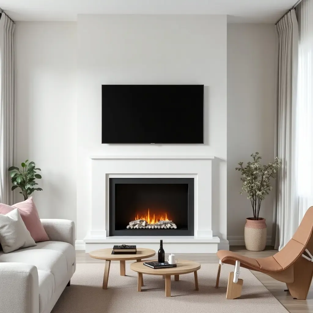 a photo of a sleek Scandinavian-style room with a TV above a minimalist fireplace mantel