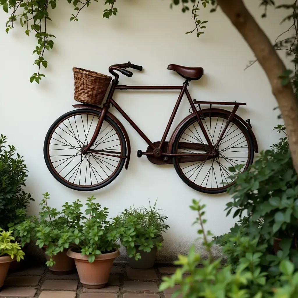 a photo of a vintage bicycle mounted as wall decor in a garden