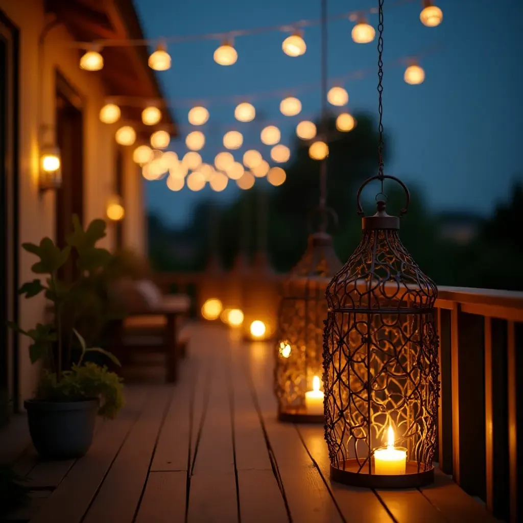 a photo of a balcony adorned with large metal lanterns and string lights