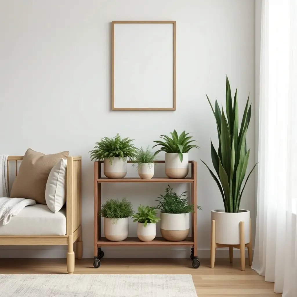 a photo of a nursery with a stylish plant cart for decor