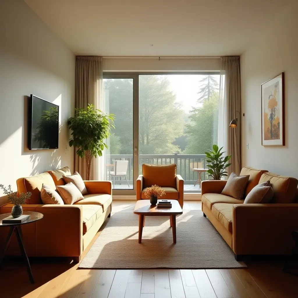 a photo of a small living room bathed in natural light from large windows