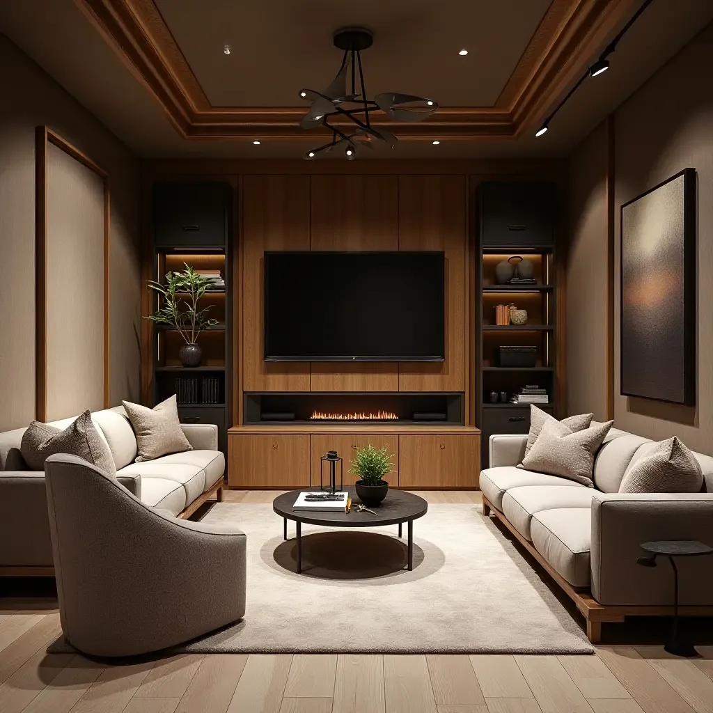 a photo of a stylish basement featuring a mix of plush fabrics, rustic wood, and sleek metal