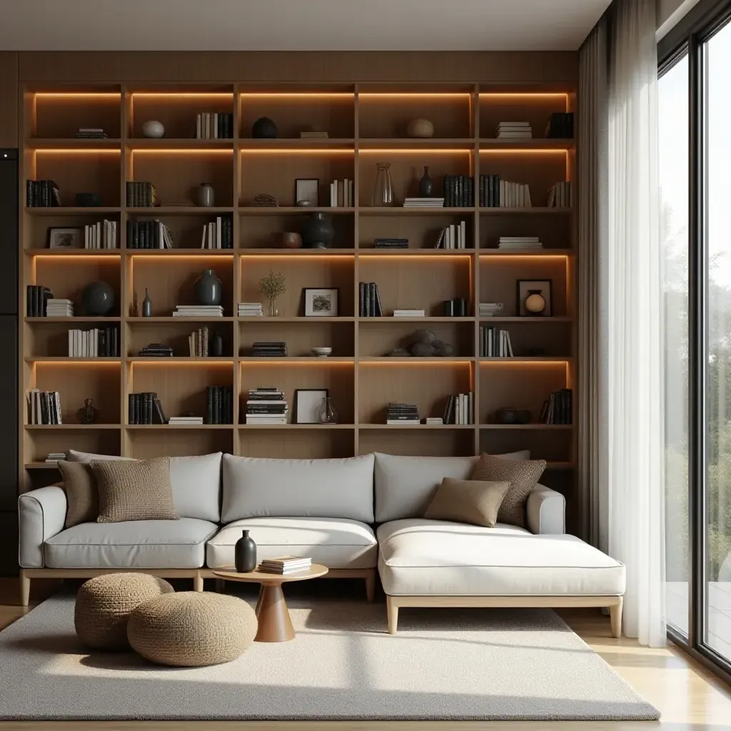 a photo of a minimalist space with a large bookshelf and cozy reading nook