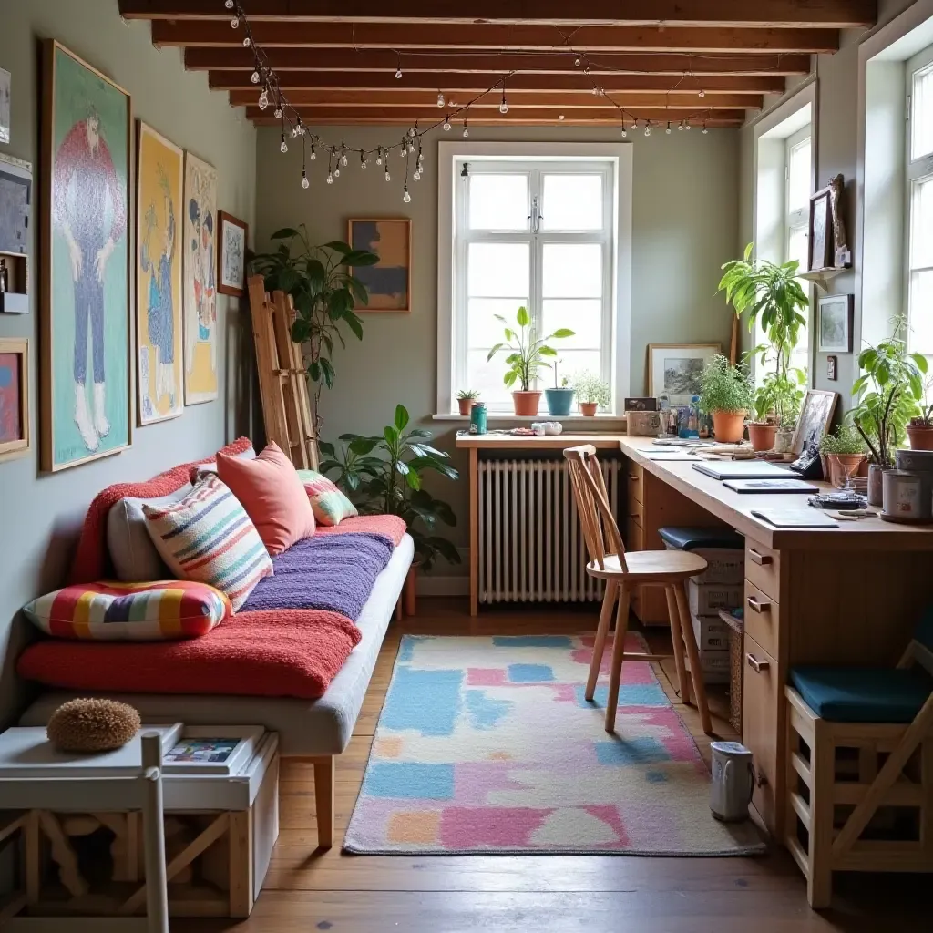 a photo of a basement art studio with colorful throw pillows on a creative workspace