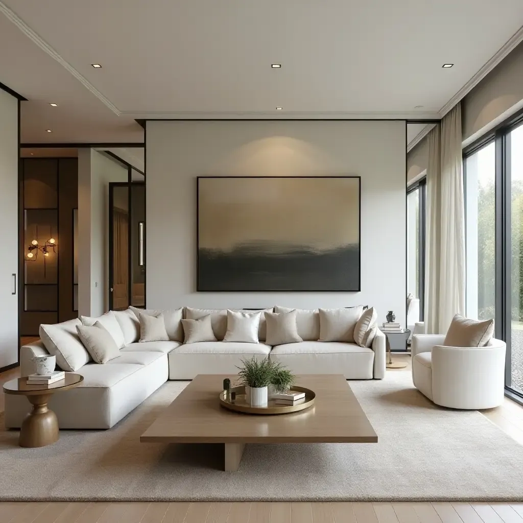 a photo of a spacious living room with mirrors that create an illusion of depth