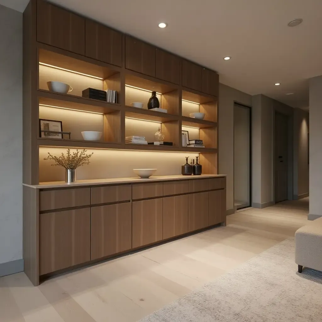 a photo of a minimalist basement with elegant floating shelves