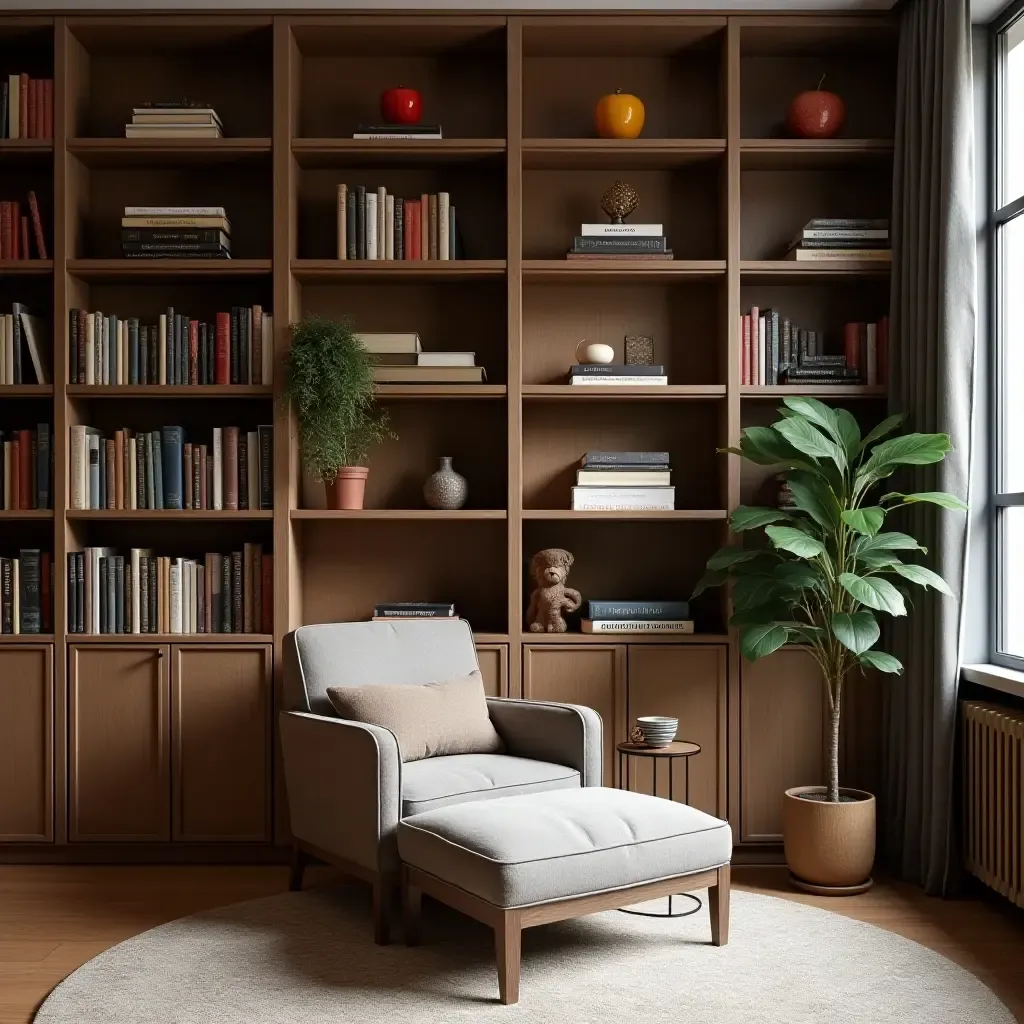 a photo of a library with a cozy armchair and stylish storage options