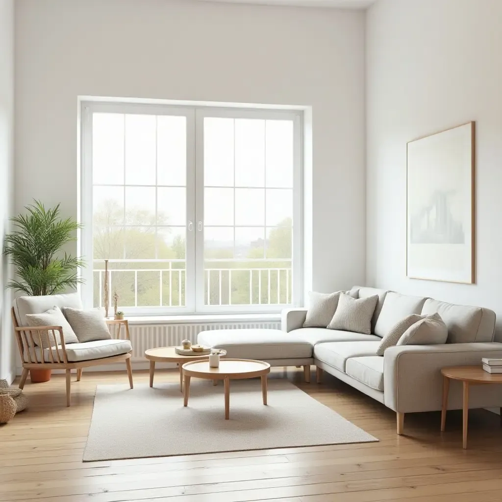 a photo of a bright, airy living room with minimalist decor and large windows