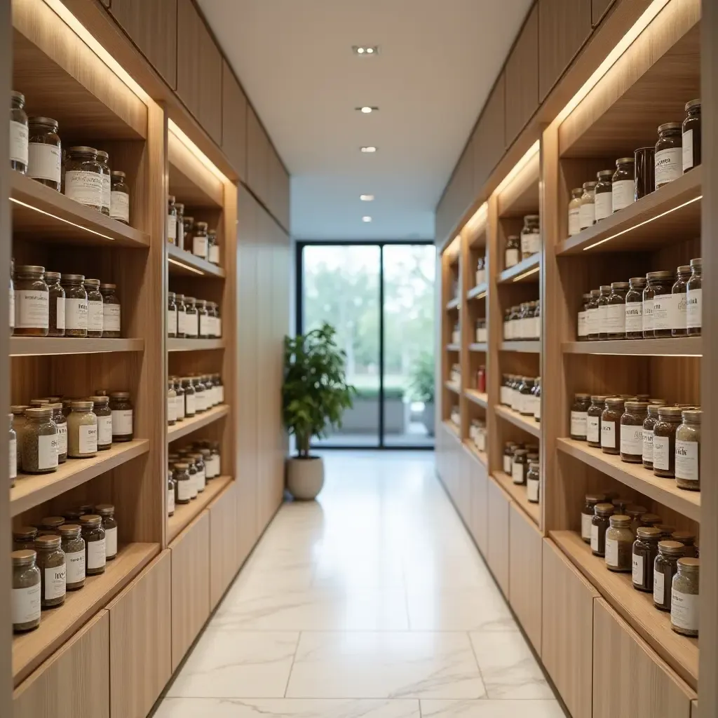 a photo of a well-organized corridor with labeled jars and a display shelf