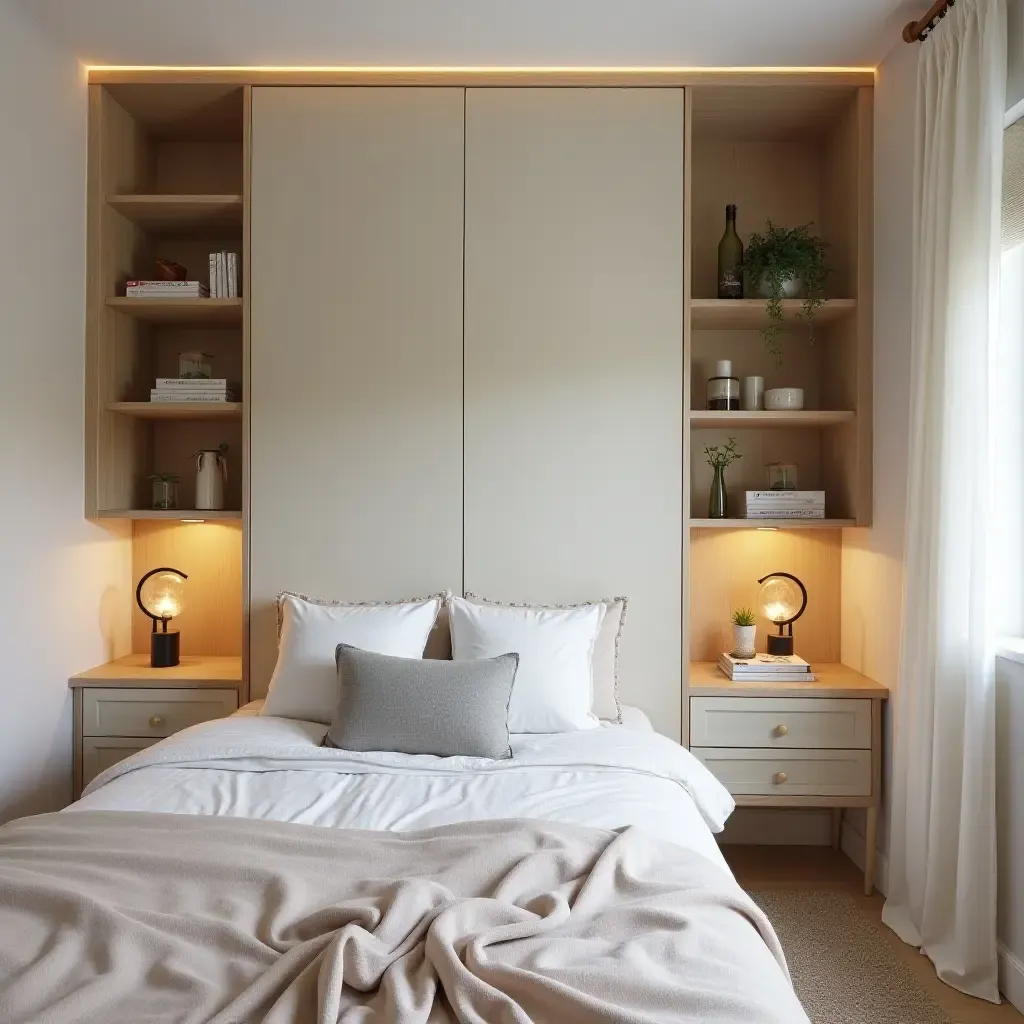 a photo of a shared bedroom with a dual-purpose layout and creative storage solutions