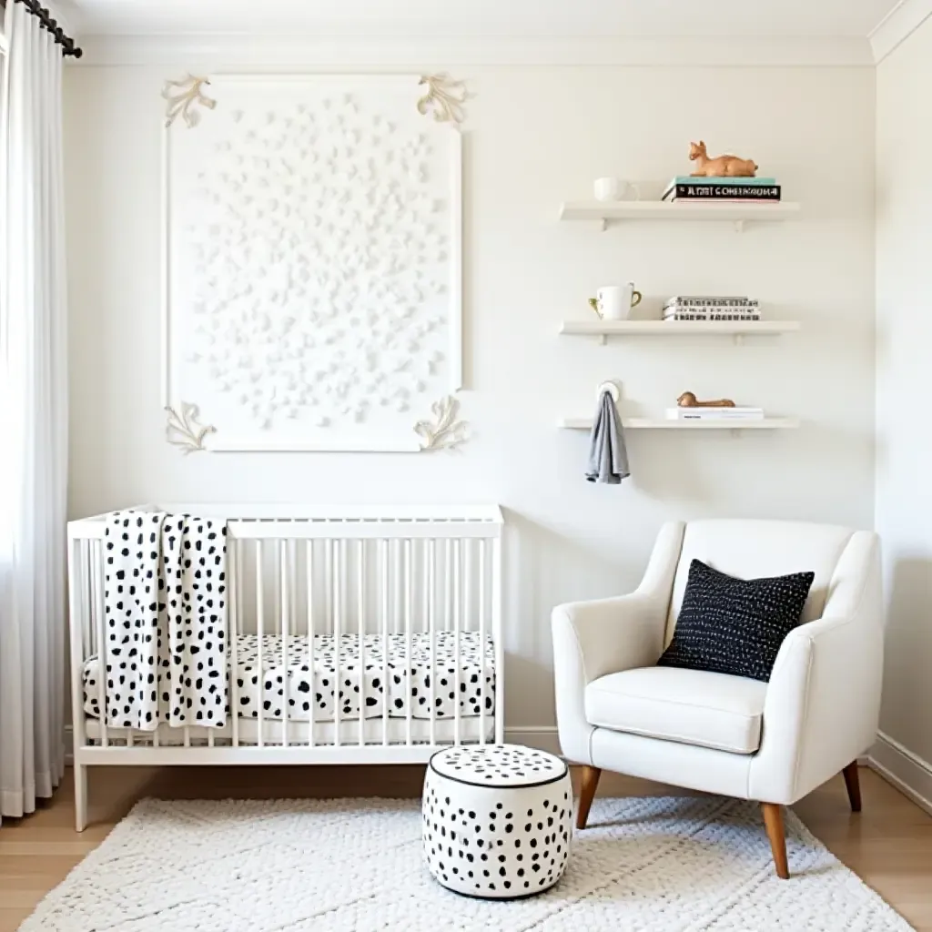 a photo of a nursery with whimsical black and white patterns