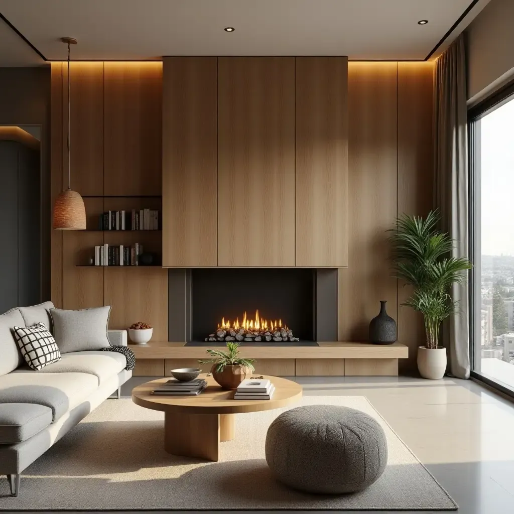 a photo of a contemporary living room with wooden accents and a fireplace