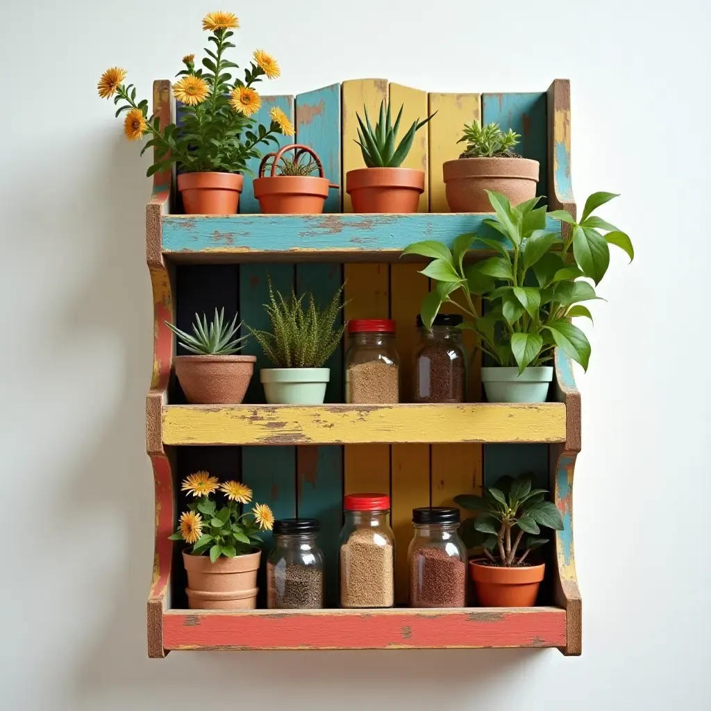 a photo of a colorful upcycled spice rack with plants