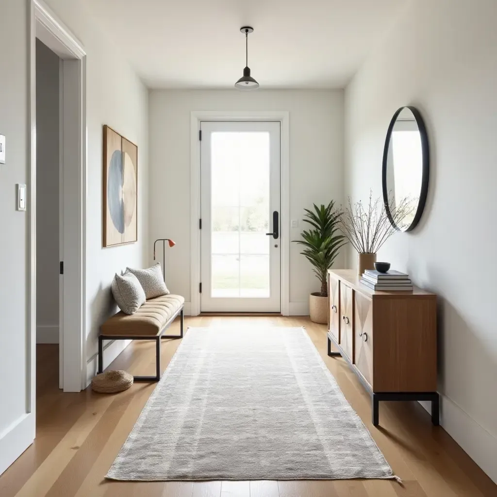 a photo of a layered rug setup in a stylish entryway corridor