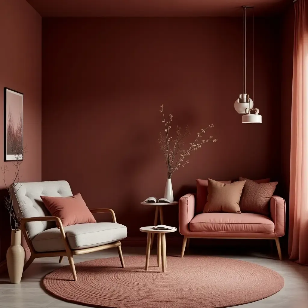 a photo of a maroon living room with a cozy reading nook and warm color palette