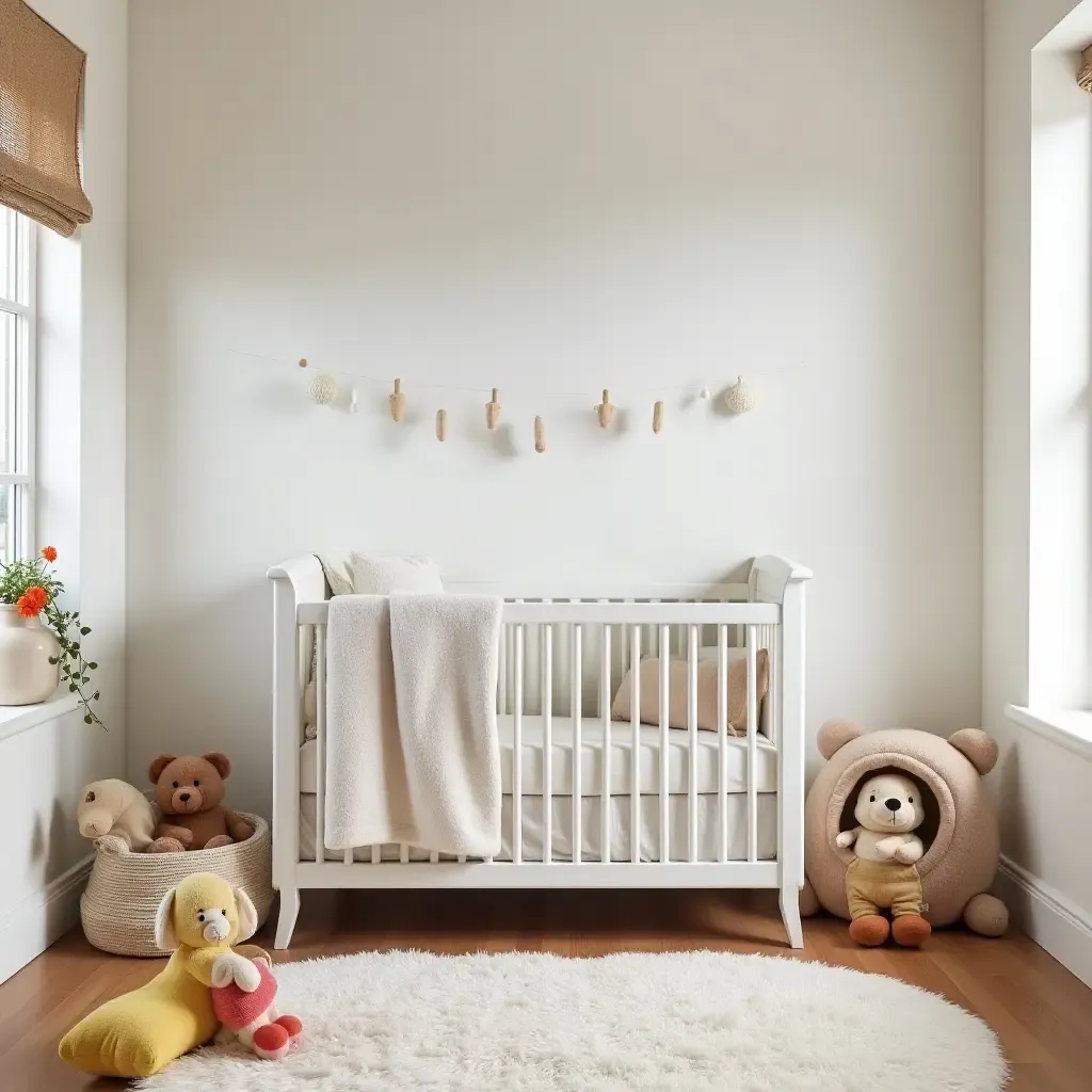 a photo of a cozy nursery with a farmhouse-style play area and colorful toys