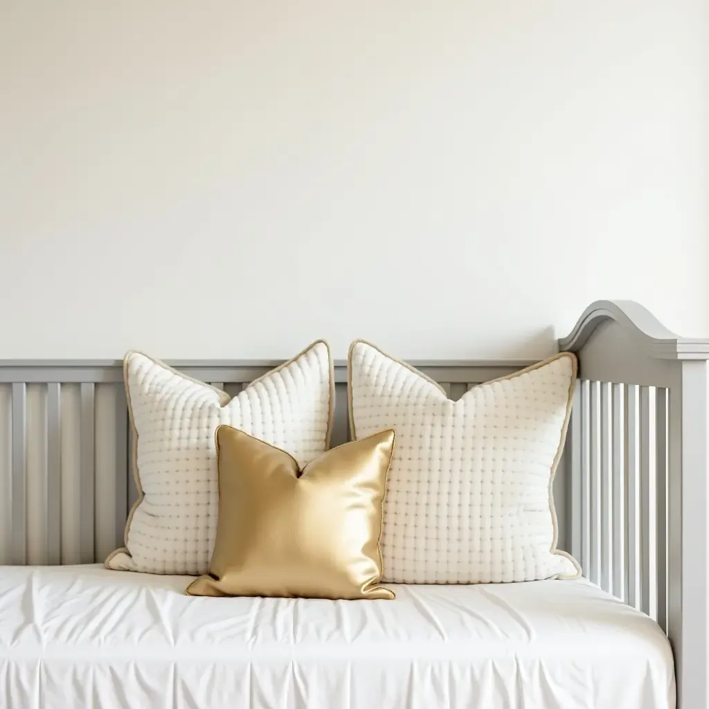 a photo of a nursery with metallic gold decorative pillows on the crib