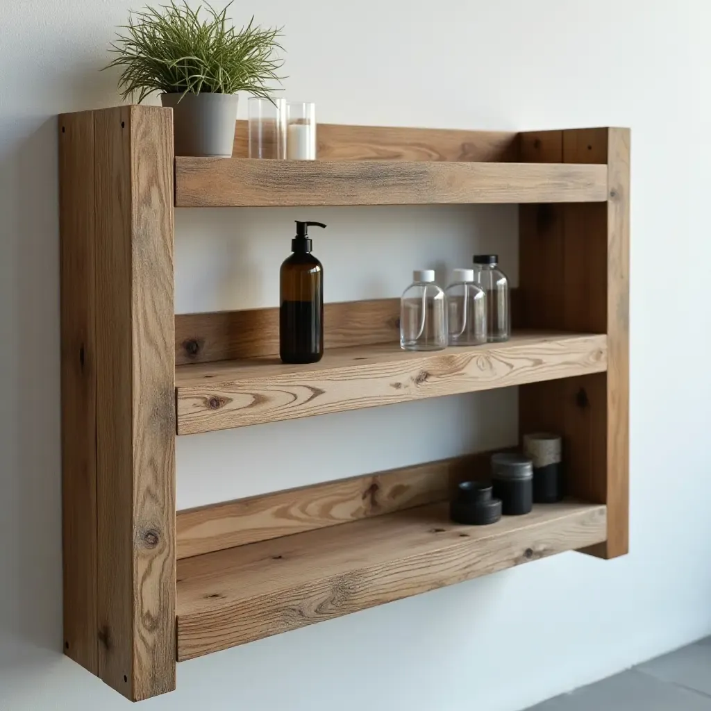 a photo of a unique poolside shelf made from reclaimed materials