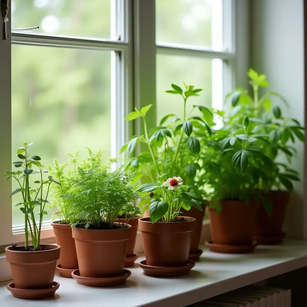 a photo of a kitchen with a refreshing herb garden in pots