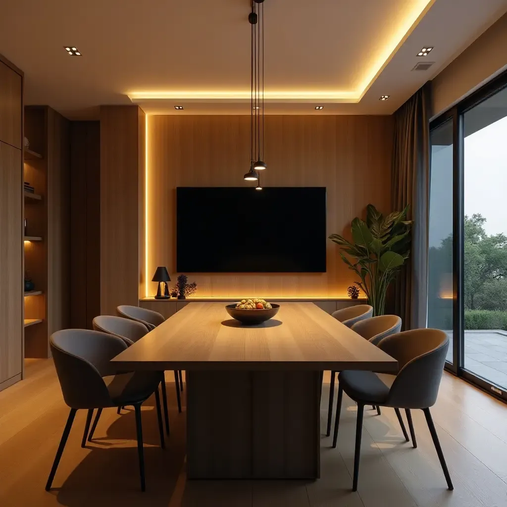 a photo of a modern dining room with a TV framed by ambient LED lighting