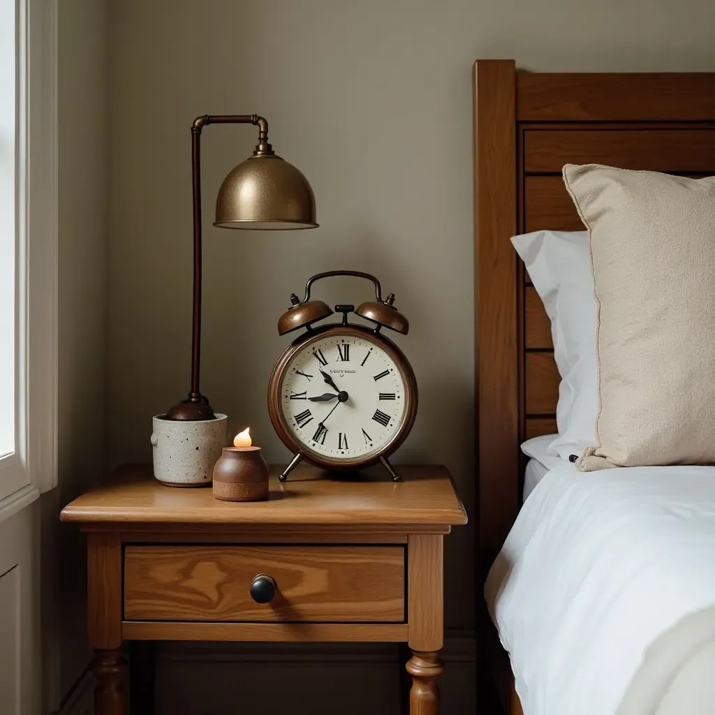 a photo of a nightstand with a vintage clock and bohemian decor