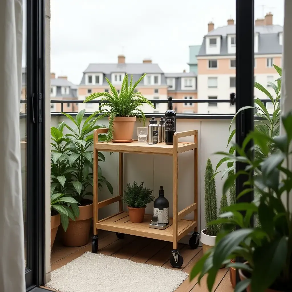 a photo of a balcony featuring a small bar cart and plants