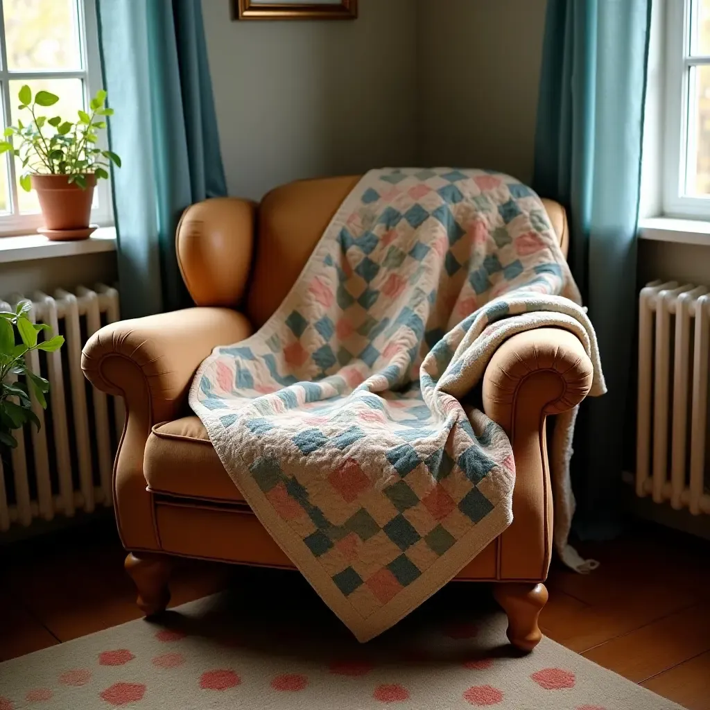 a photo of a cozy armchair with a patchwork quilt in a corner