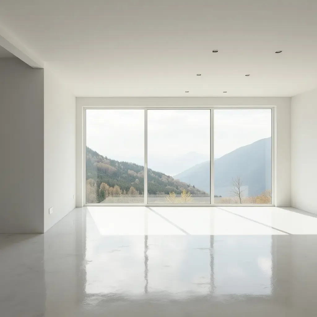 a photo of a bright minimalist basement with large windows