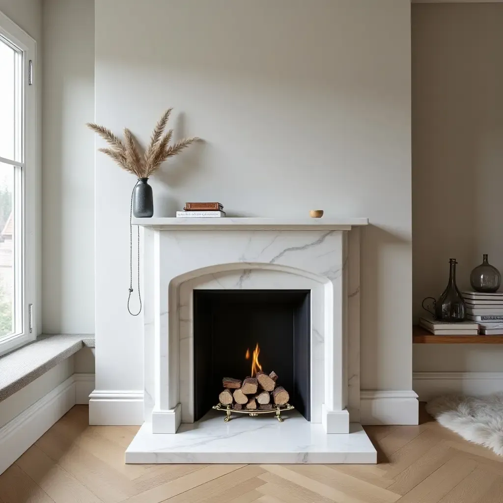 a photo of a marble fireplace in a modern bedroom setting