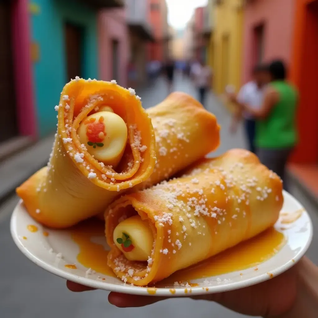 a photo of colorful marquesitas, a crispy rolled crepe filled with cheese and caramel, on a vibrant Mexican street.