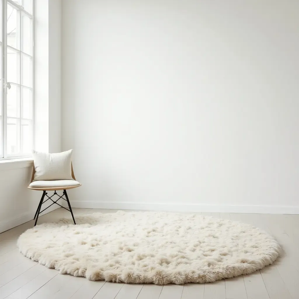 a photo of a minimalist shag rug in a bright, airy room