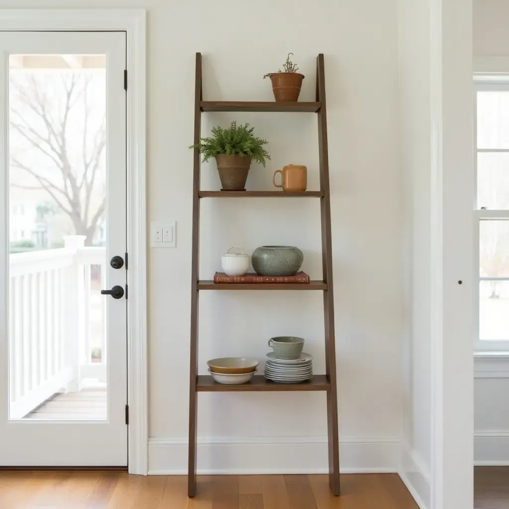 a photo of a vintage ladder used as a kitchen shelf