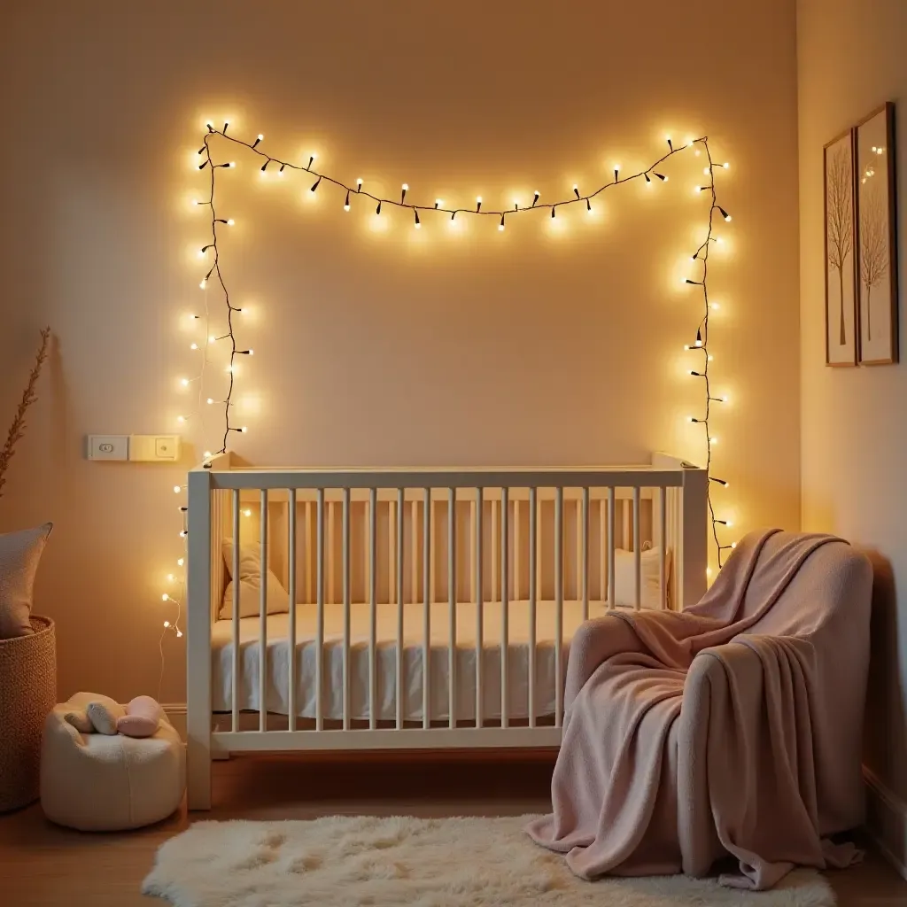 a photo of a nursery adorned with twinkling fairy lights and soft fabrics