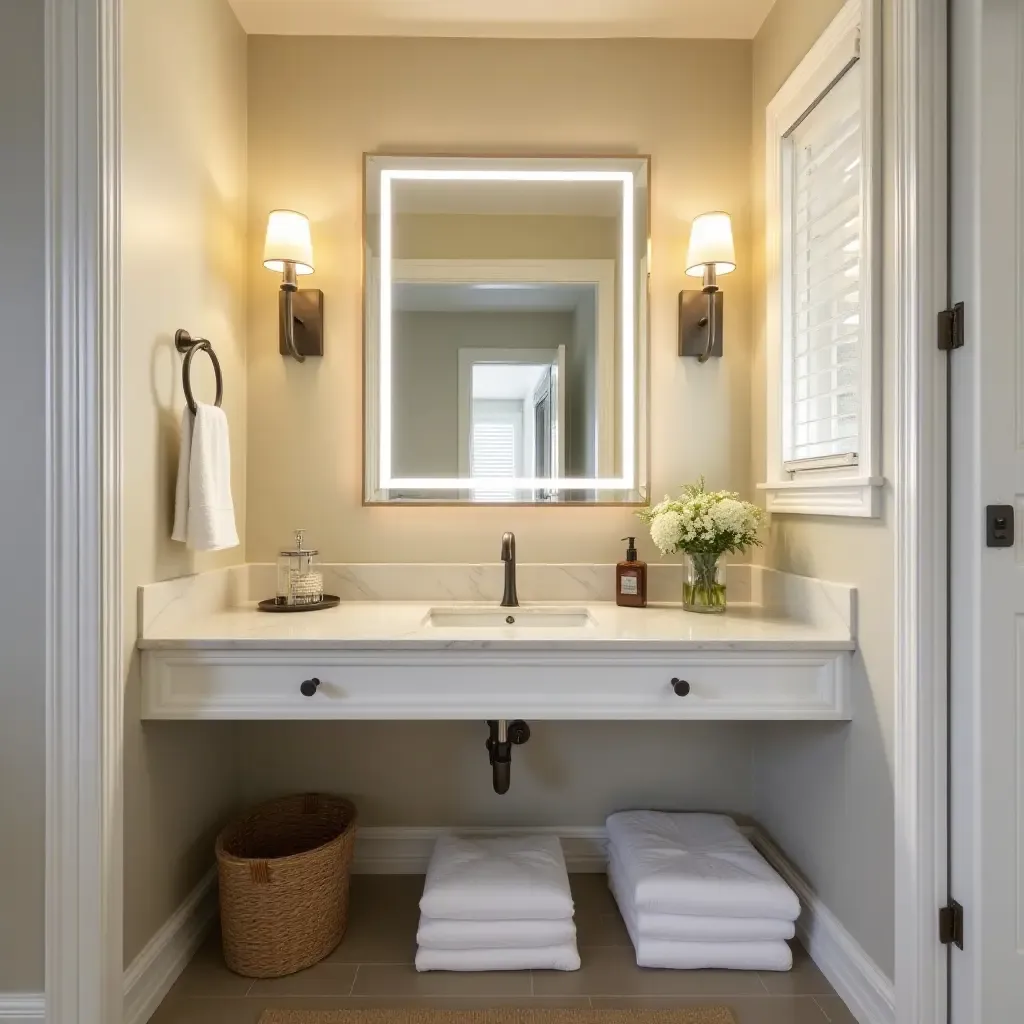 a photo of a compact vanity space with clever organization and bright accents